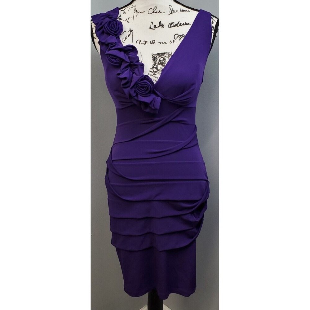 Intermission Bodycon Dress Women's 6 Purple Pleated‎ Detail Flower Neck Backless